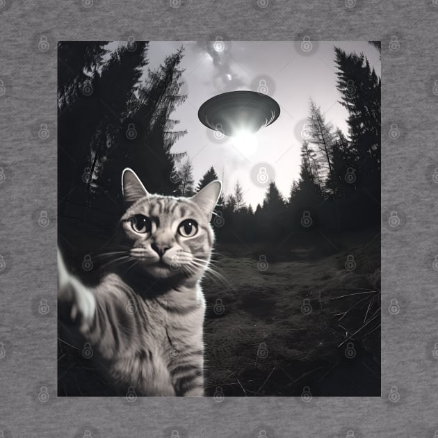 Cat took a selfie with UFO, Black and White Version by BloomInOctober